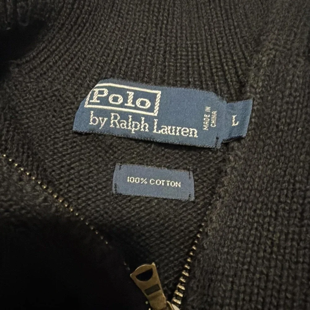 Polo Ralph Lauren Mens Large Black 100% Cotton Quarter Zip Sweater Purple Pony